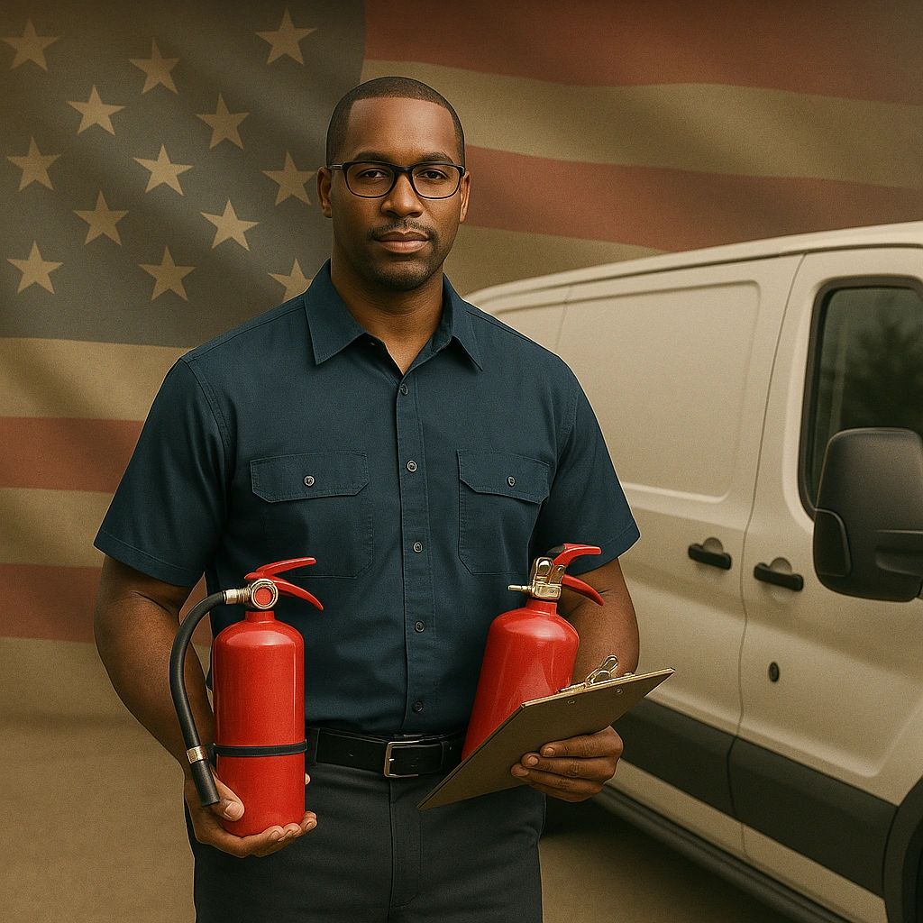 Safety technician holding fire extinguishers and an inspection clipboard