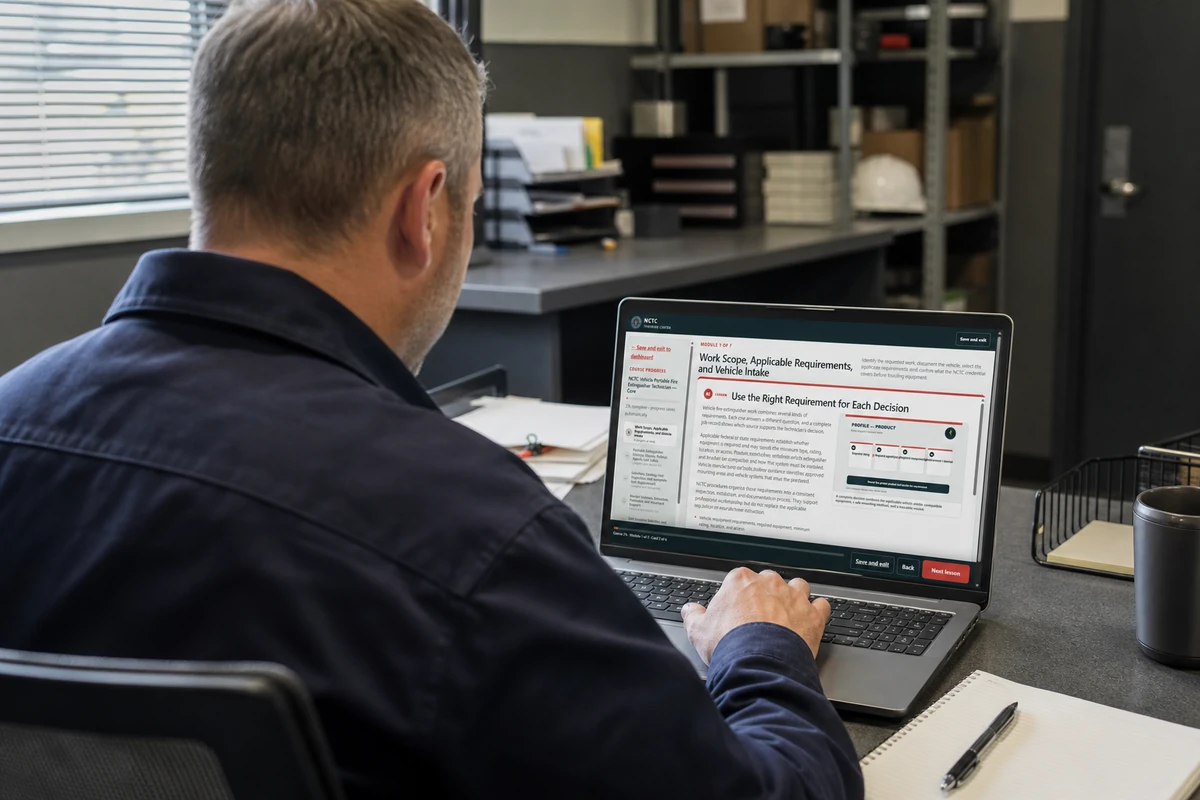 Learner seated at a laptop in the NCTC training center assessment environment