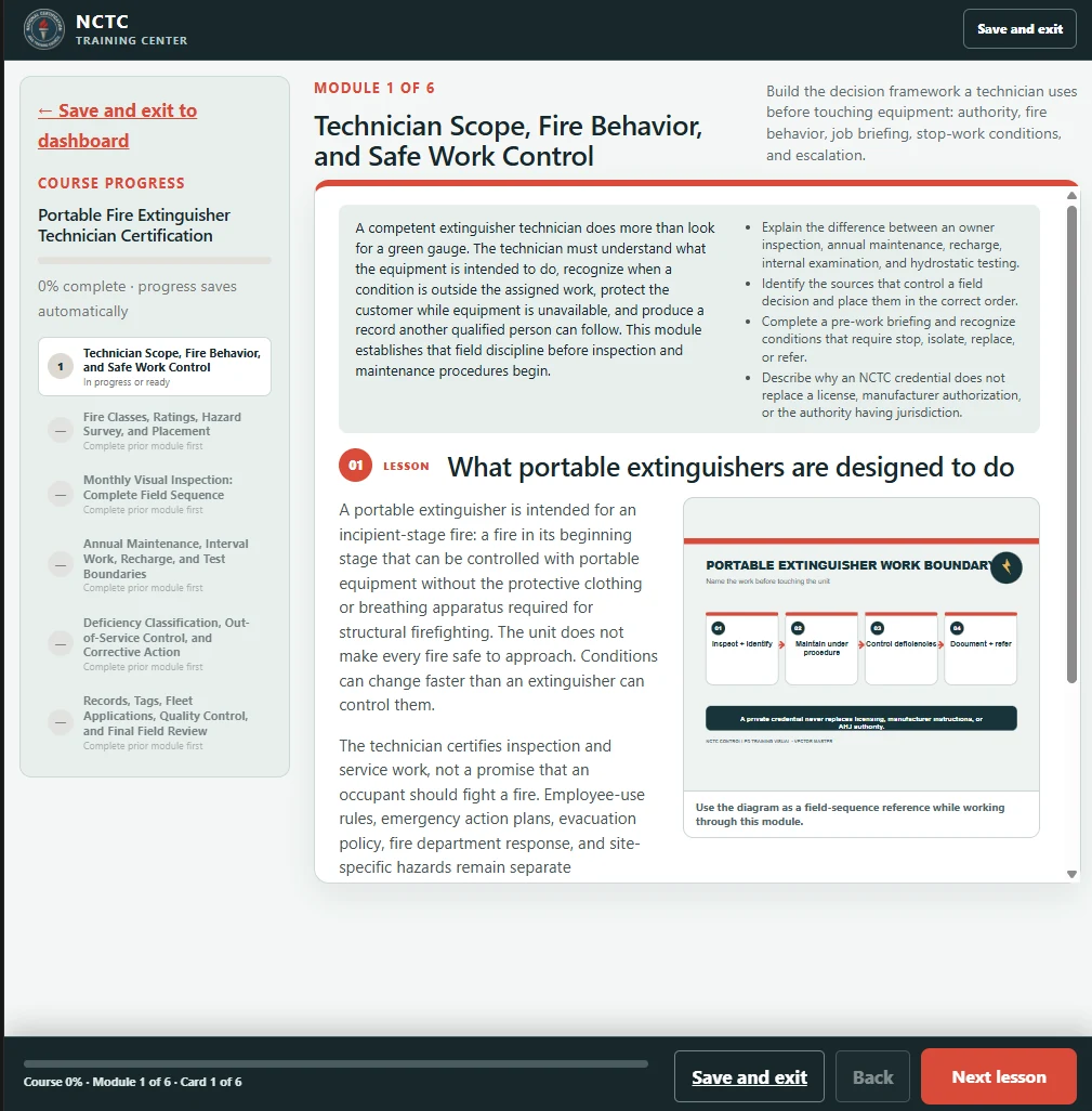 Actual NCTC online course module showing course progress, lesson content, and navigation controls